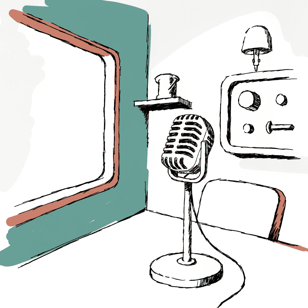A microphone in a small radio studio with the on-air light off