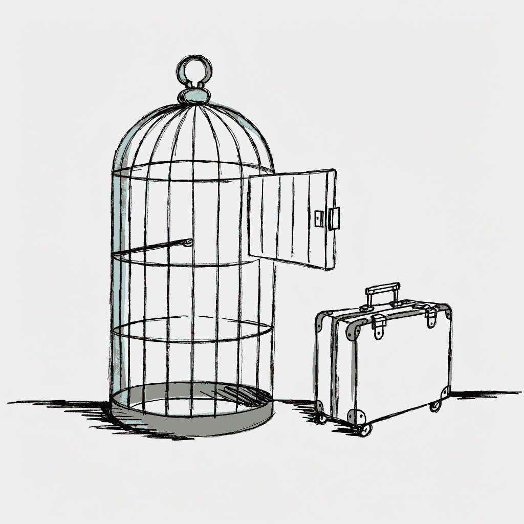 An empty birdcage with the door hanging open, a suitcase beside it