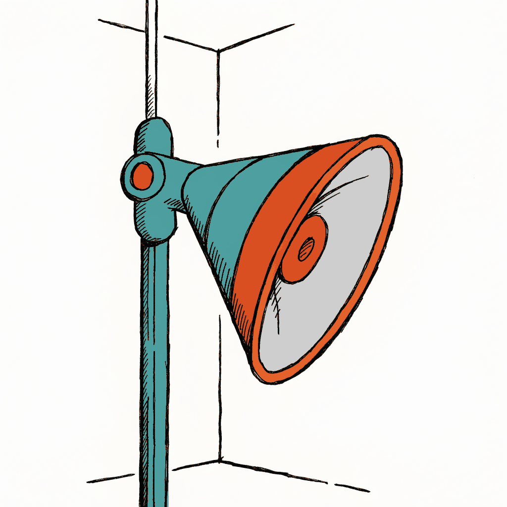 A loudspeaker horn on a pole with a mute symbol painted on the wall behind