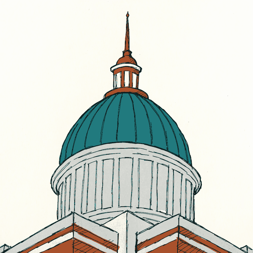 A state capitol dome seen from below against a plain sky