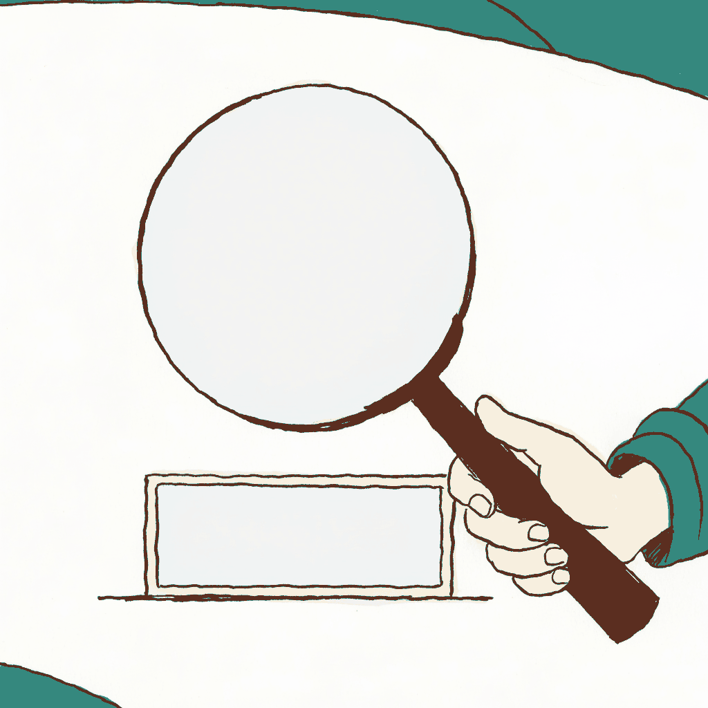 A magnifying glass held over a completely blank nameplate