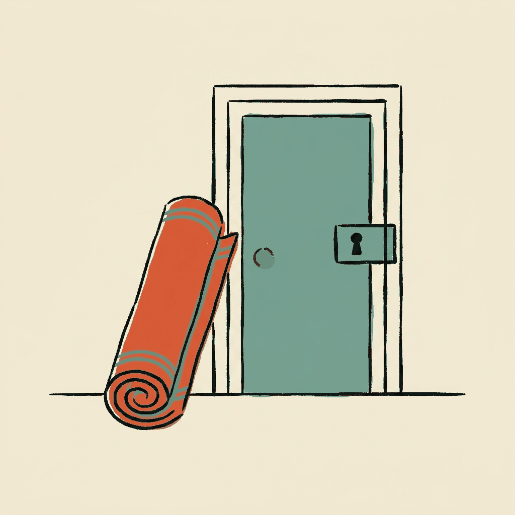 A welcome mat rolled up and leaning against a locked door