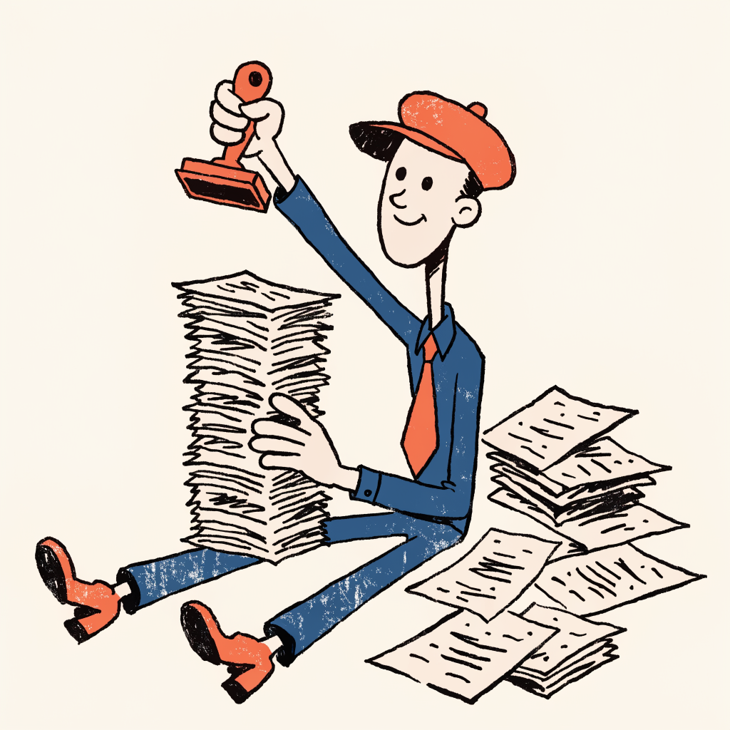 Cartoon of a person cheerfully stamping a tall stack of documents