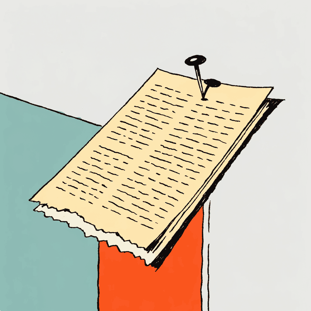 An old newspaper column clipping pinned up, yellowed with age