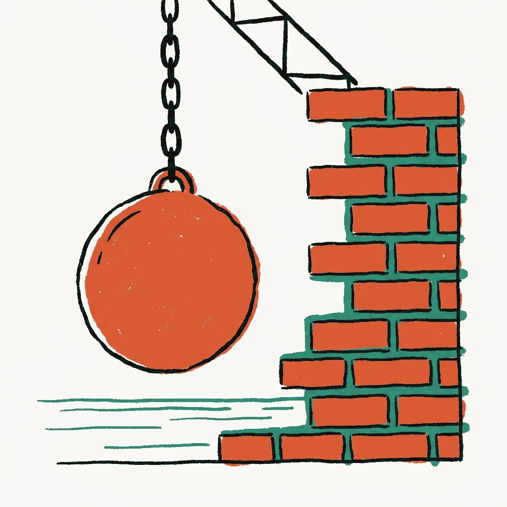 A wrecking ball hanging motionless beside a half-built brick wall