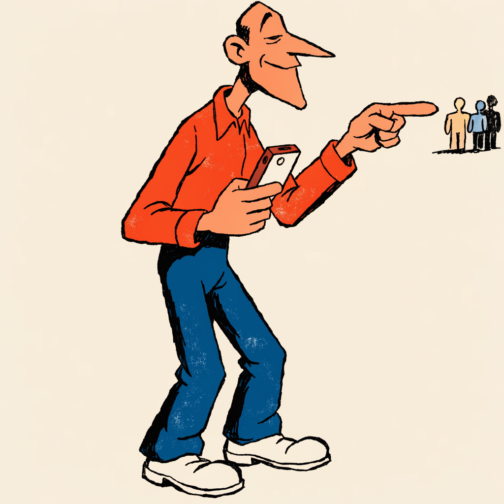 Cartoon of a person holding a phone and pointing toward a small distant group