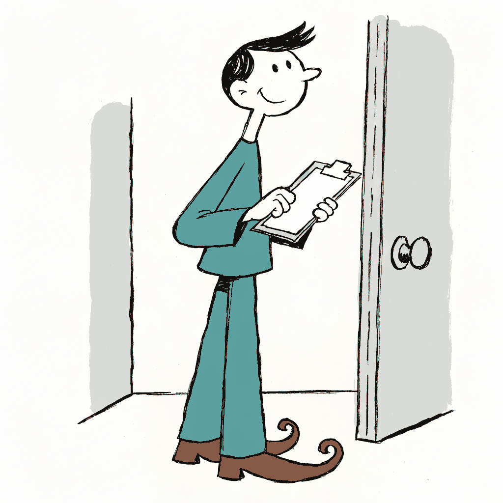A person with a clipboard checking names at a doorway