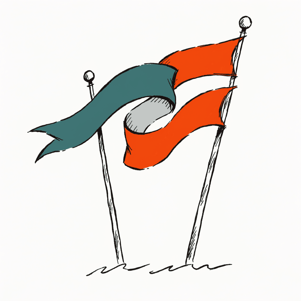 Two plain banners on separate poles, tangled together in the wind