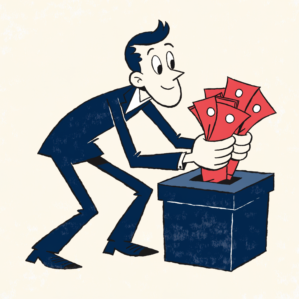 Cartoon of a person in a suit stuffing a wad of bills into a ballot box