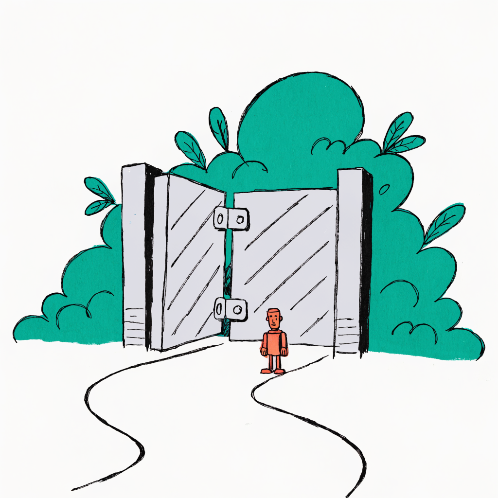 A garden gate standing ajar with a single small tin toy soldier on the path in front of it