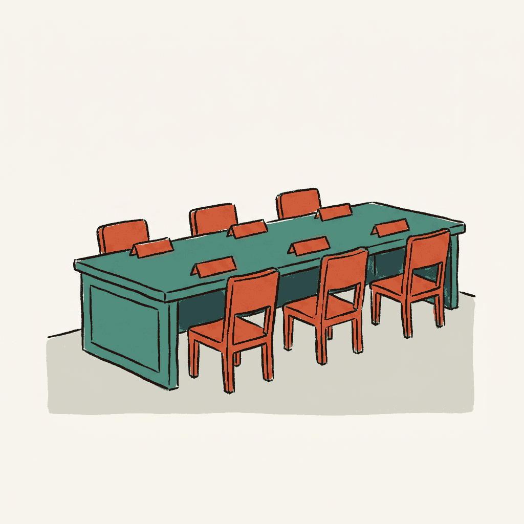 A witness table with name placards where every chair is pushed in and empty