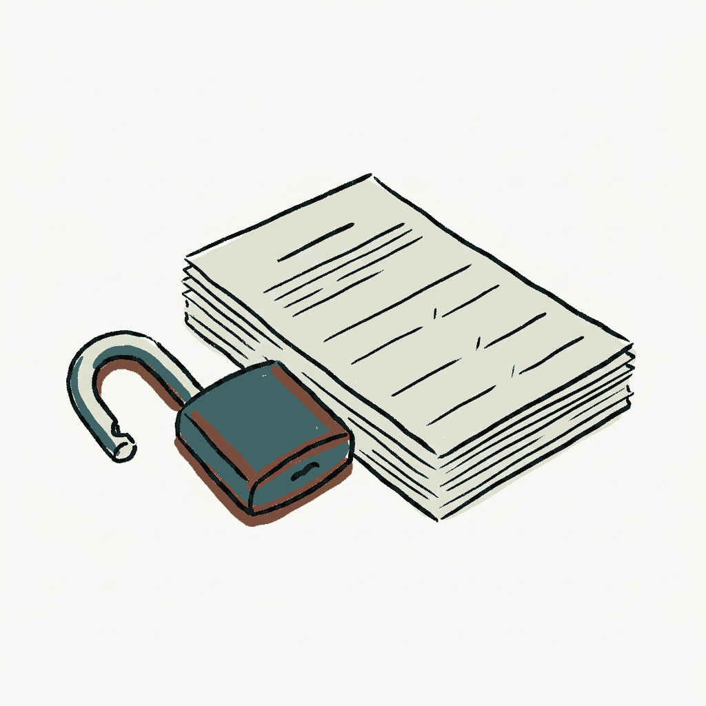 A padlock hanging open beside a stack of unsigned petition forms