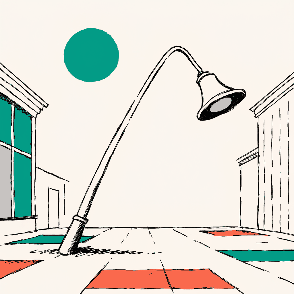 A bent street lamp leaning over an empty night plaza