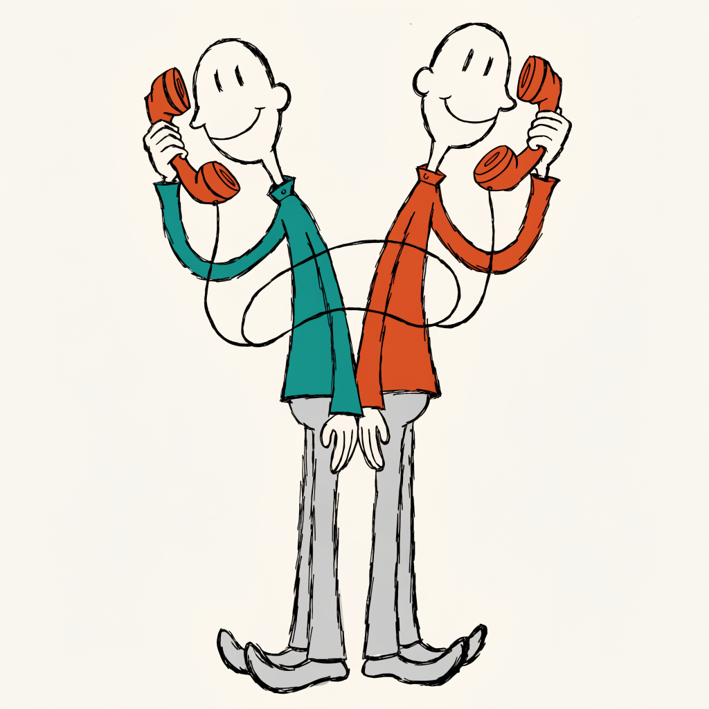 Two rotary telephone handsets joined by one long looping cord