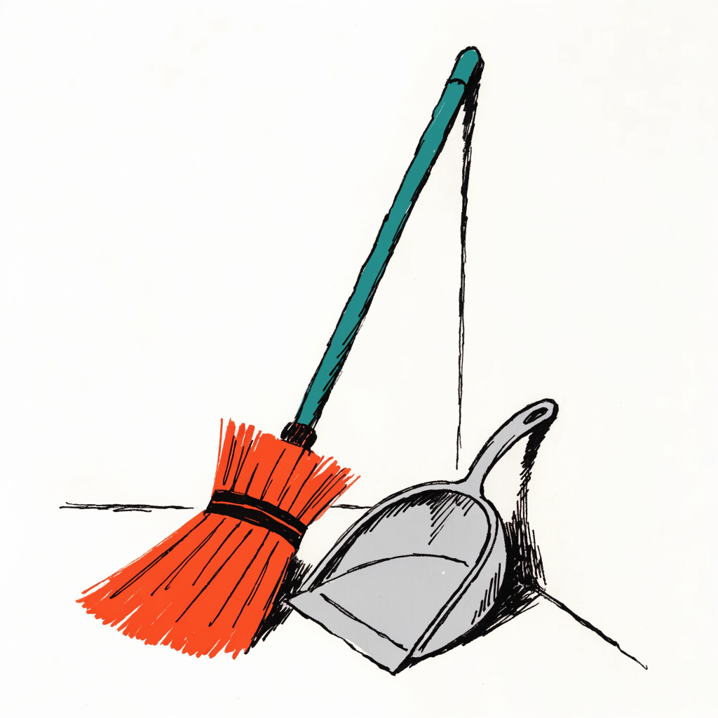 A stiff yard broom and a metal dustpan propped against a bare wall