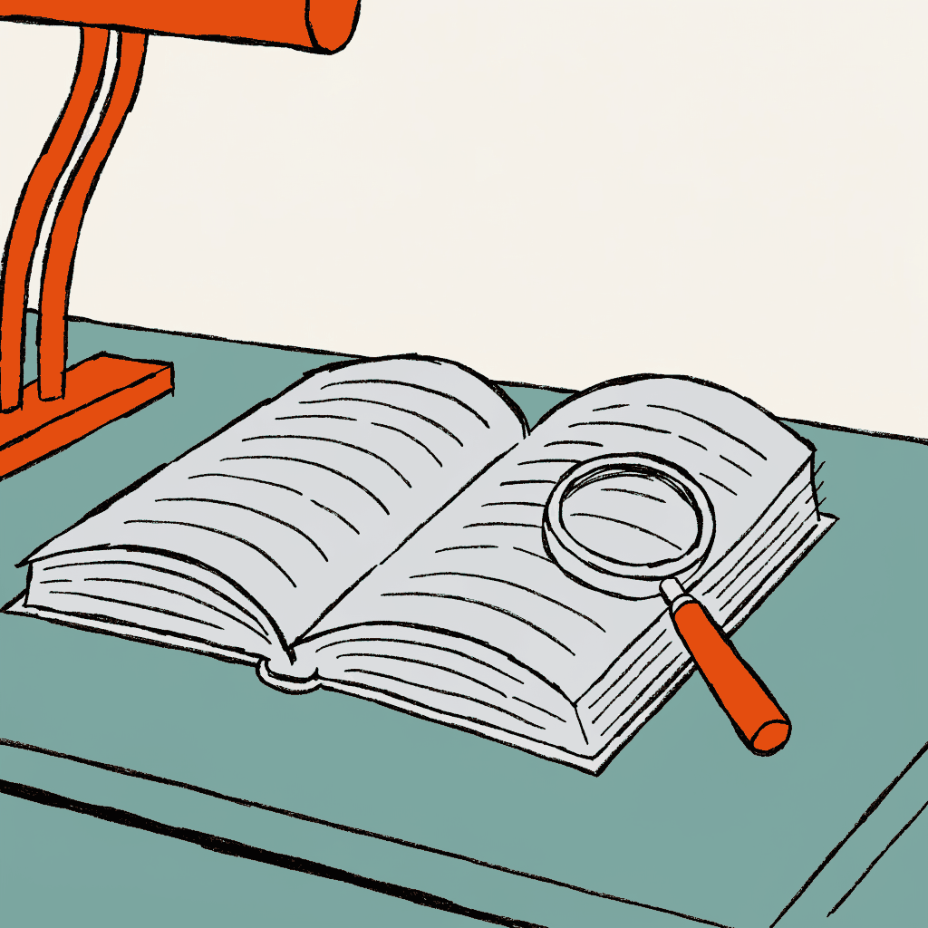A ledger book open on a desk with a magnifying glass on it