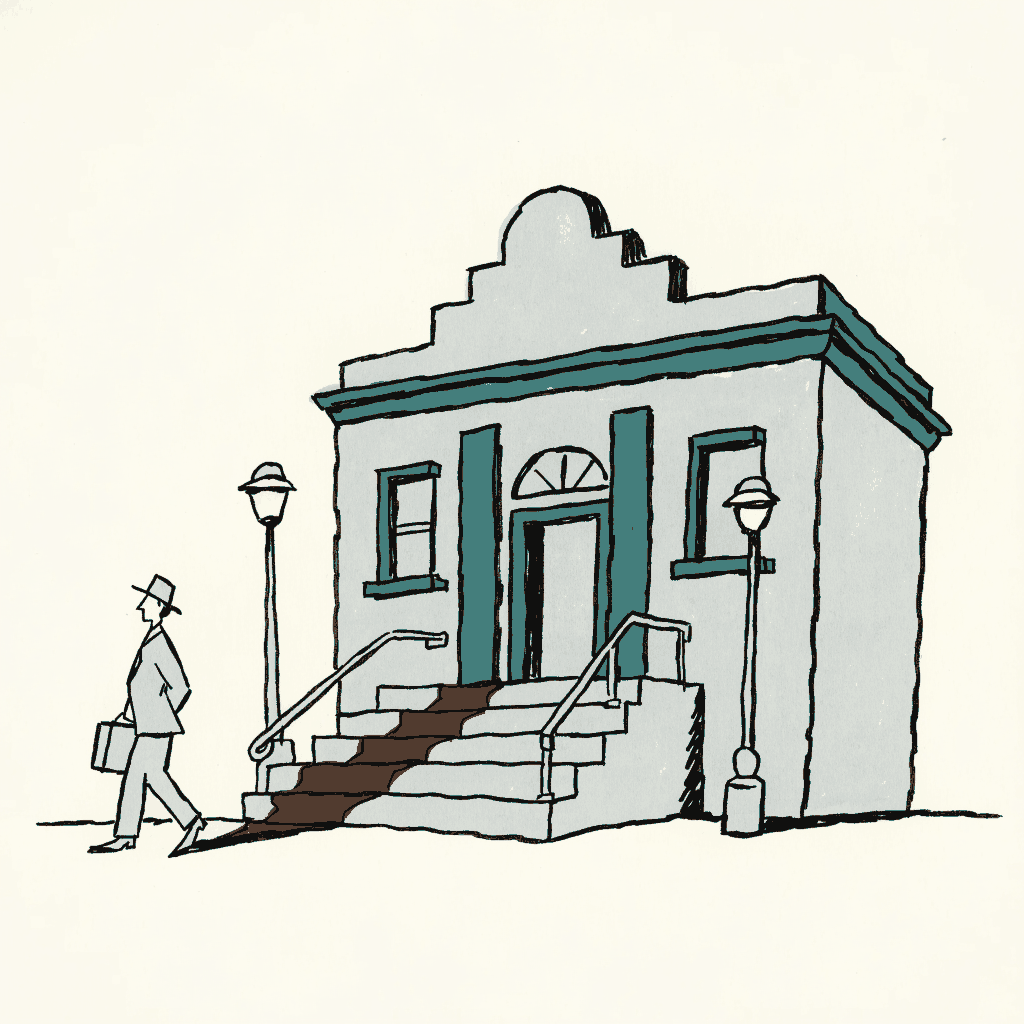 A city hall building with a long shadow across its steps