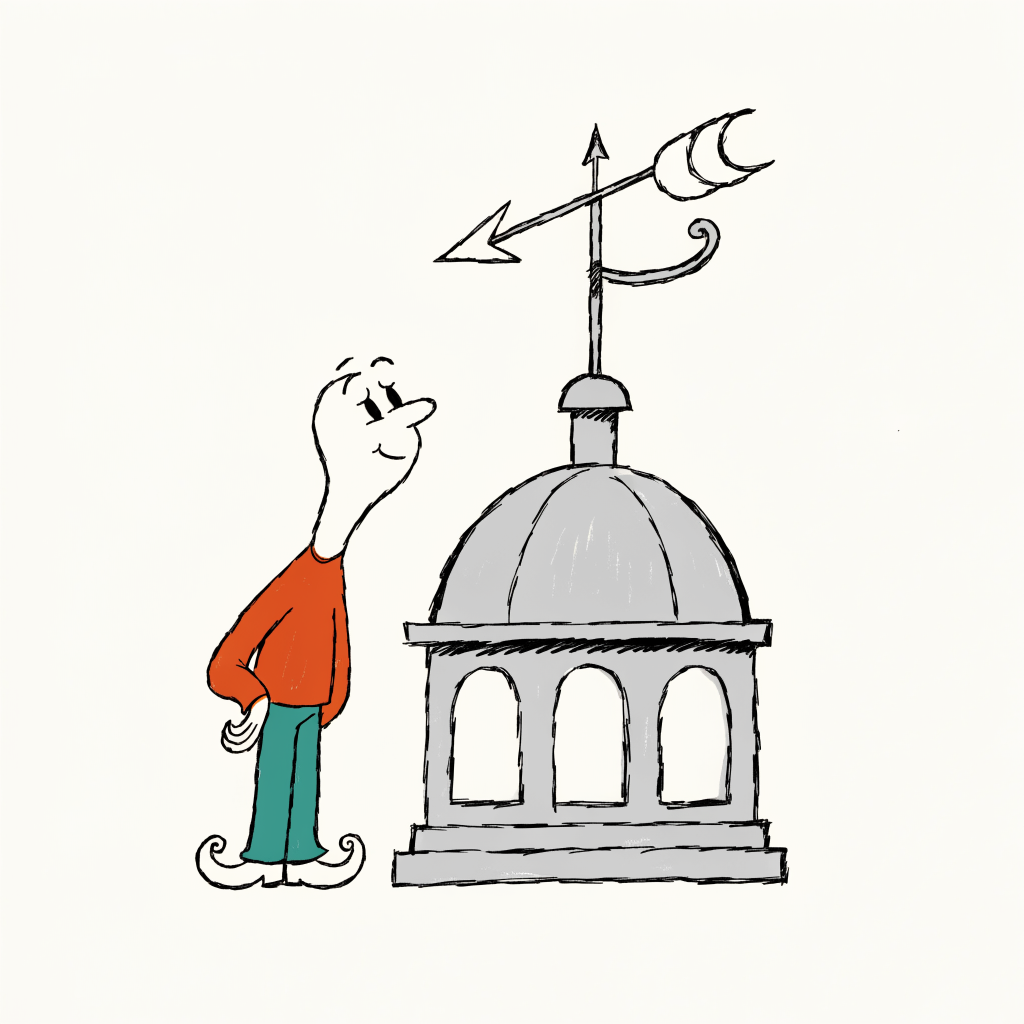 A small domed government building with a crooked weather vane