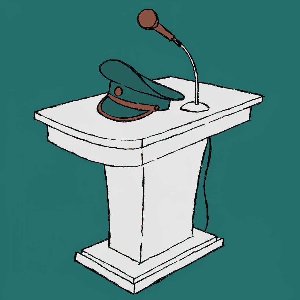 A lectern with a microphone and a police cap resting on it