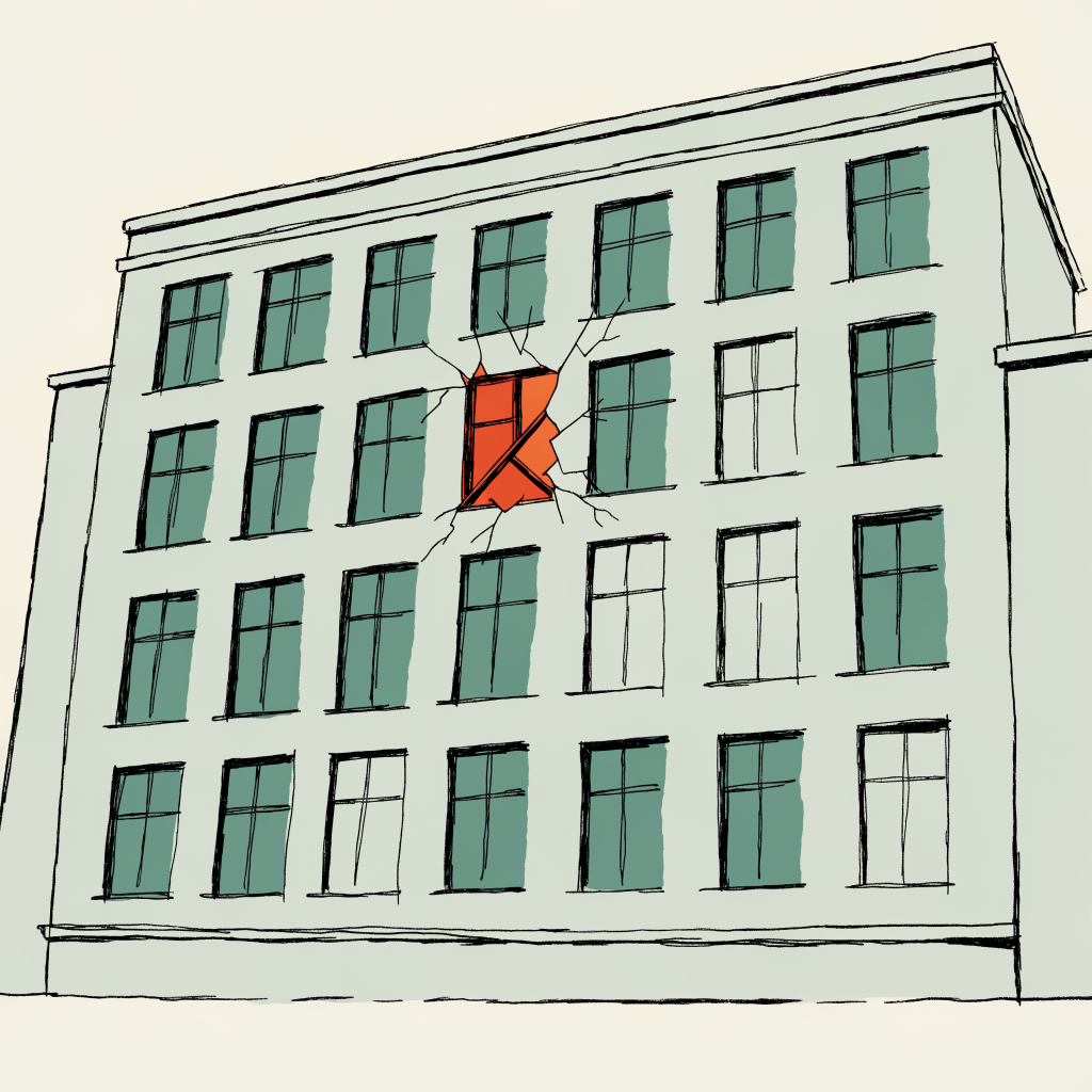 One broken window in the middle of a large plain building facade