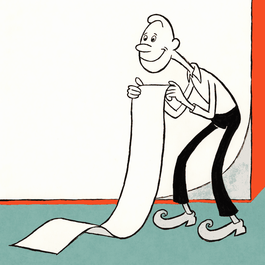 A person reading from a very long list that unrolls across the floor