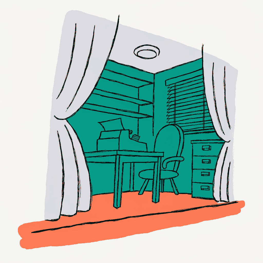 A theatre stage with a painted backdrop of an office