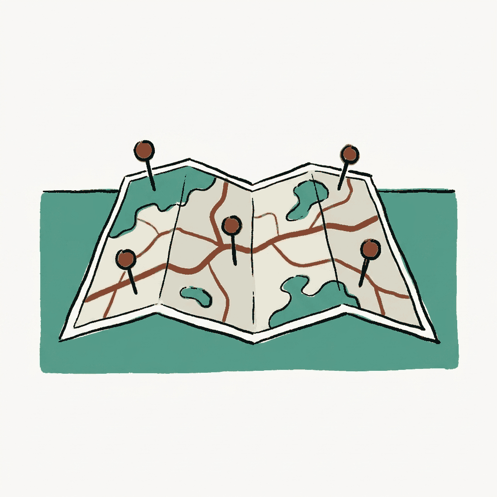 A folded paper map half unfolded across a tabletop, with five small map pins stuck into it