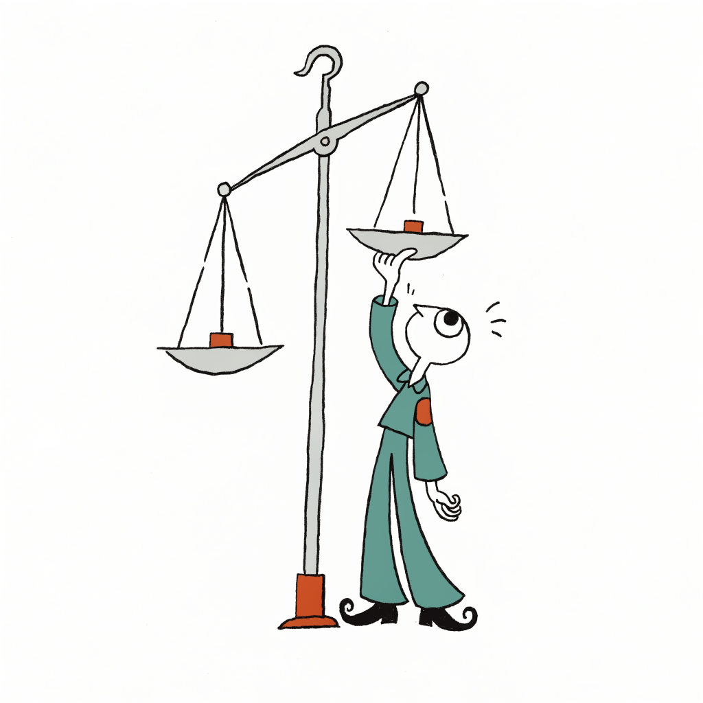 Balance scales tipped over, with a thumb pressing down on the low pan