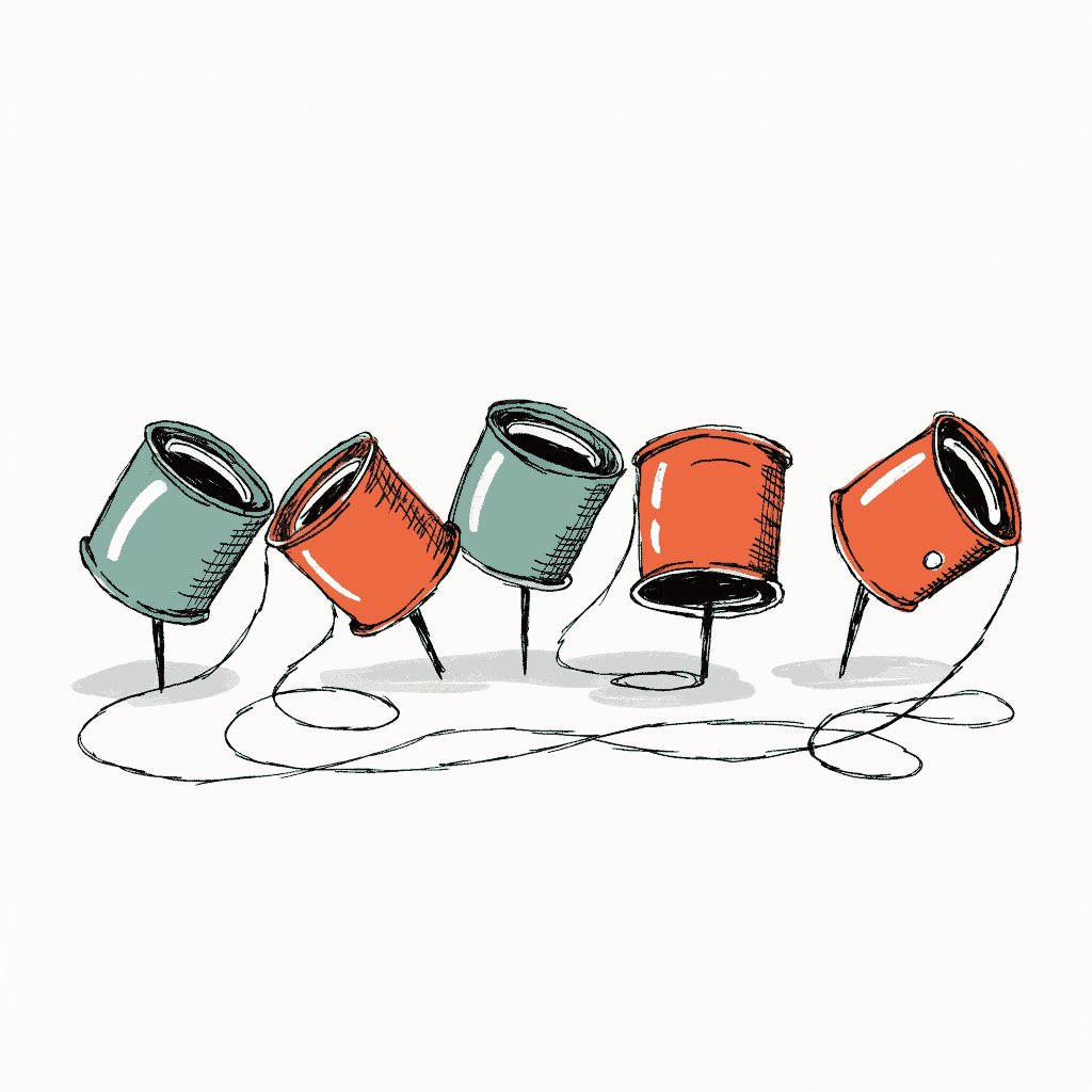 A row of tin can telephones joined by a long loose string