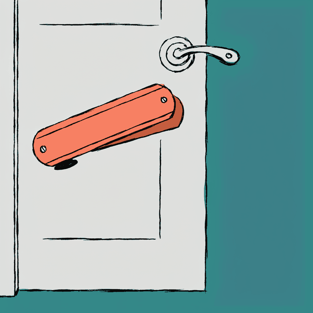 An office door with its nameplate half unscrewed and hanging