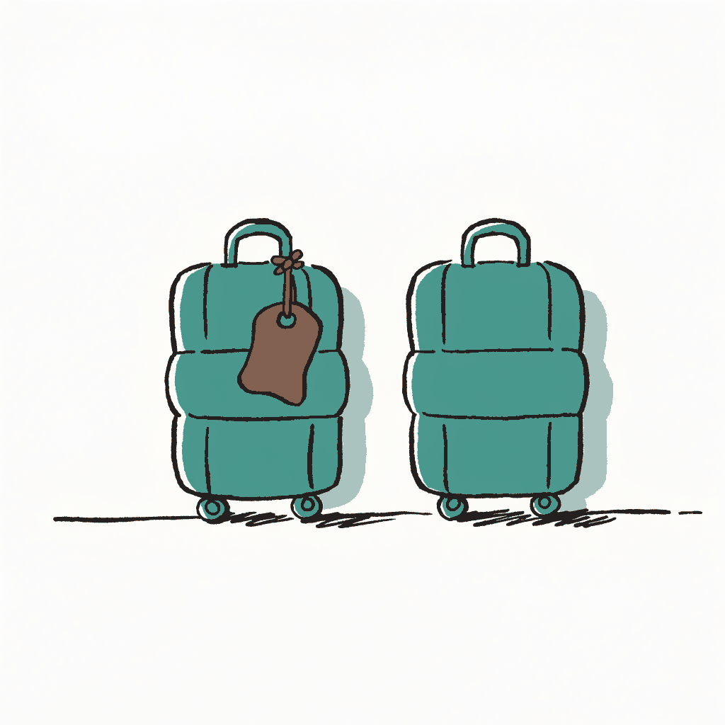 Two identical suitcases side by side, one tagged and one not