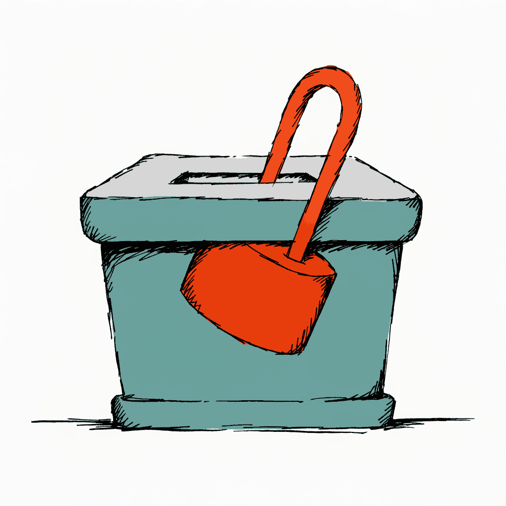 An empty ballot box with a heavy padlock through its slot