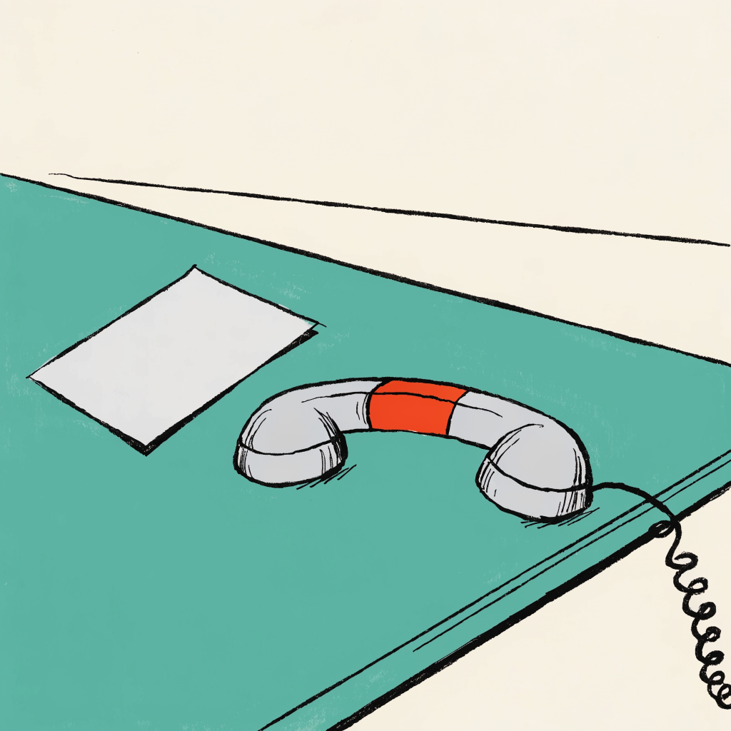A telephone receiver lying off the hook on a desk beside one blank unsigned note