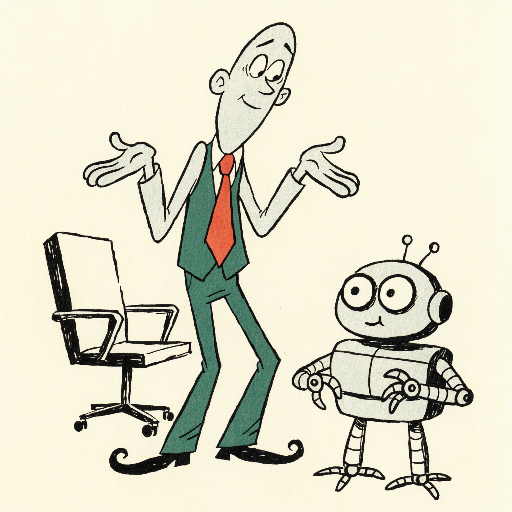 Cartoon of an office manager shrugging and gesturing at a small robot beside an empty chair