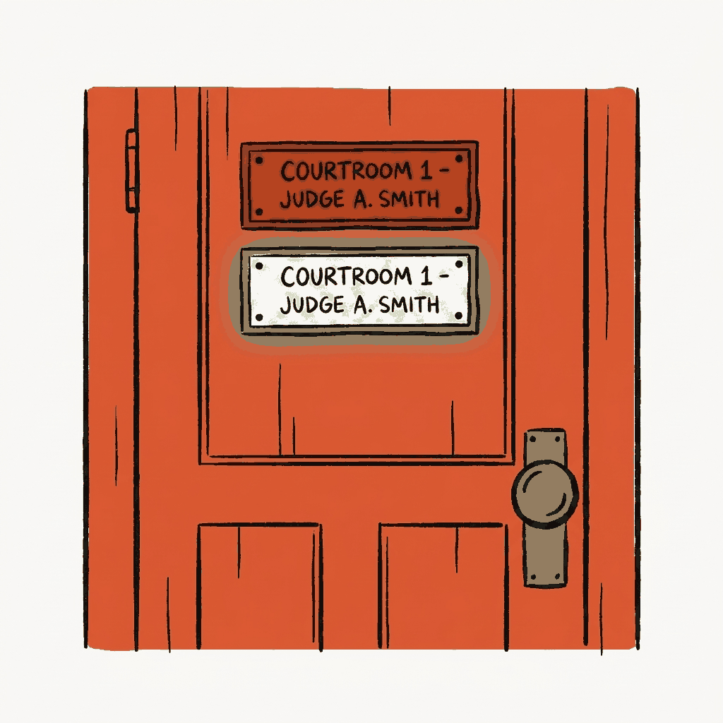 A courthouse door with two identical nameplates, one lit from behind and one dark