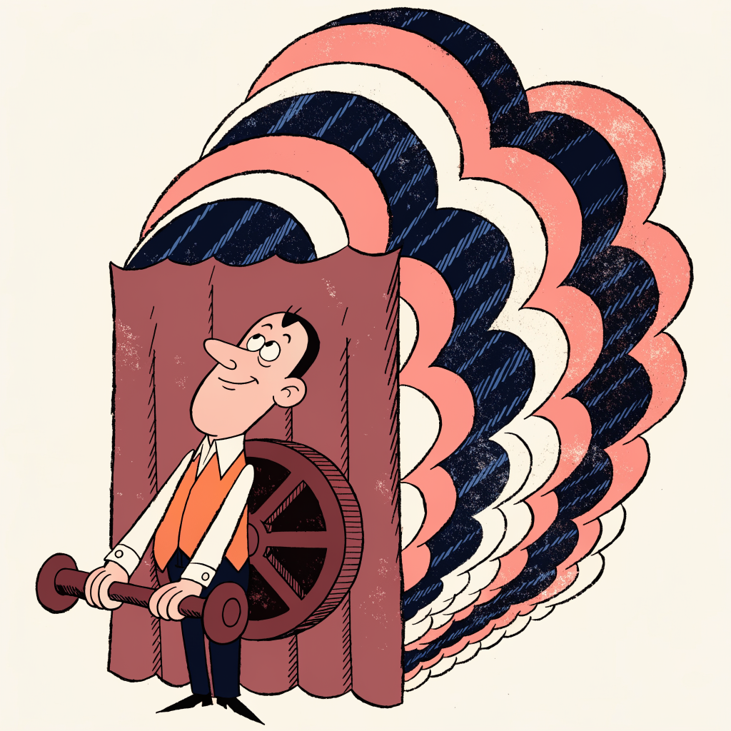 Cartoon of a person turning a crank behind a curtain while a giant wave rises on the other side