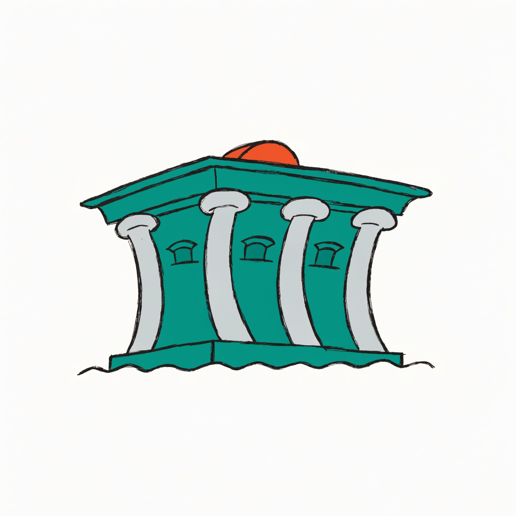 A small courthouse building whose columns are bending sideways