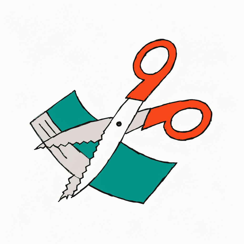A pair of scissors cutting through a paper cheque