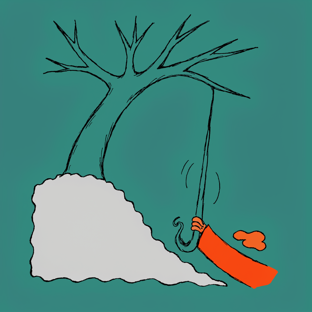 A bare tree with one root being pulled up out of the soil