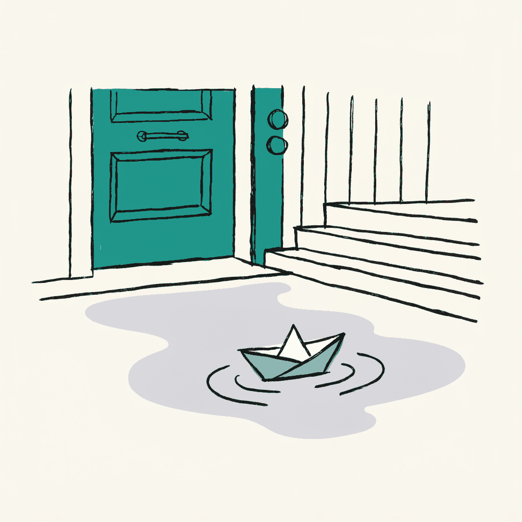 A paper boat floating on a rising puddle at a doorstep