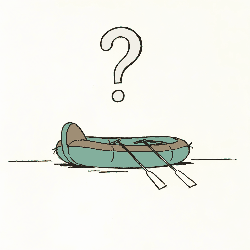 A small inflatable dinghy on flat calm water with one large question mark above it