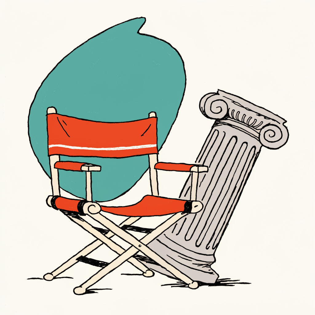A film director's canvas chair beside a broken ancient column