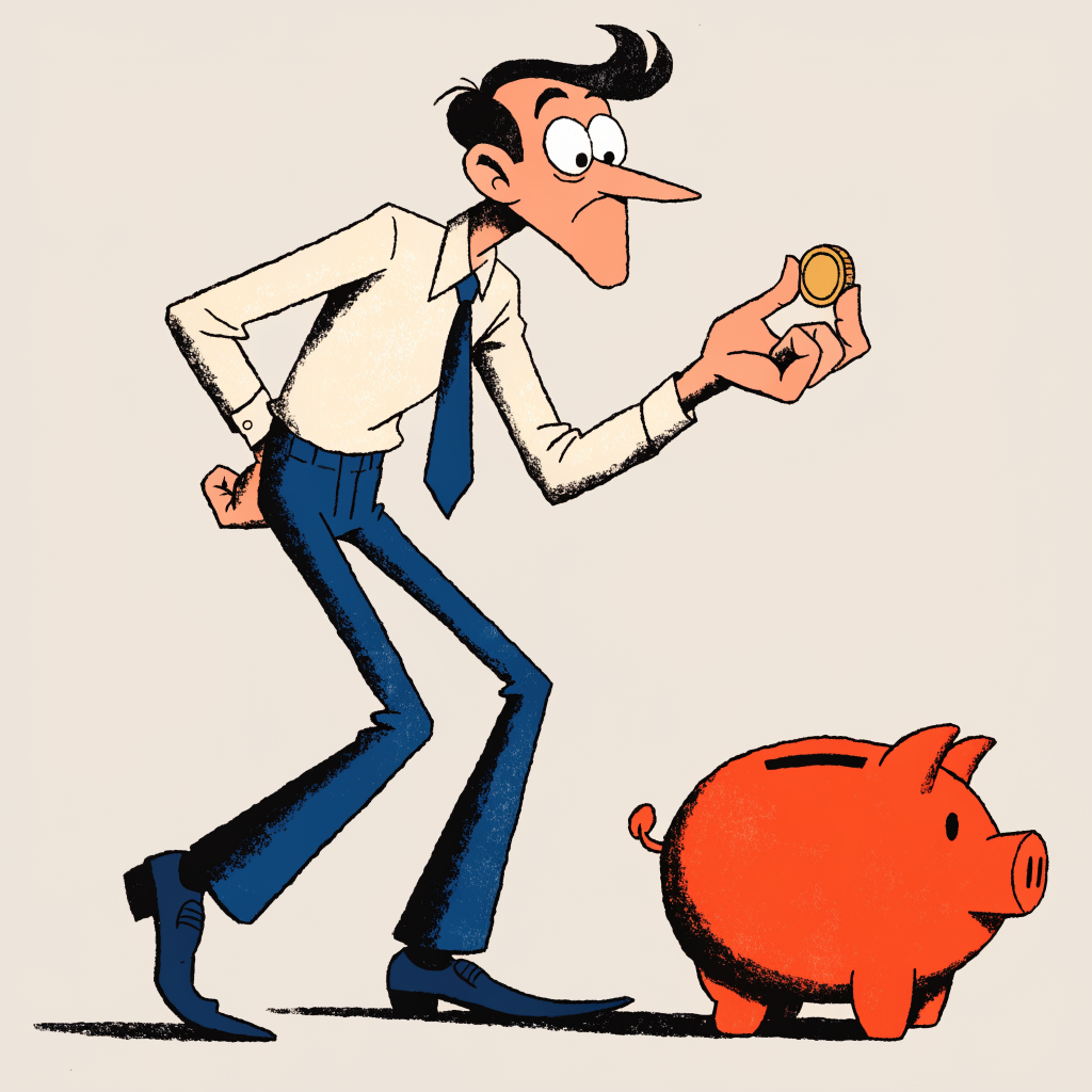 Cartoon of a lanky executive holding up a coin beside a piggy bank