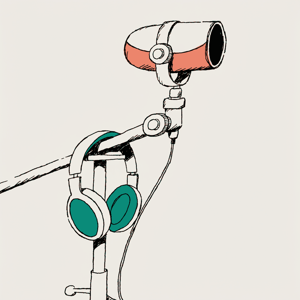 A studio microphone with a pair of headphones hooked over it