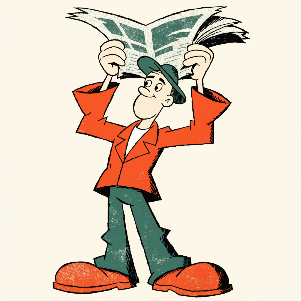 Cartoon of a newspaper vendor holding up a big open newspaper