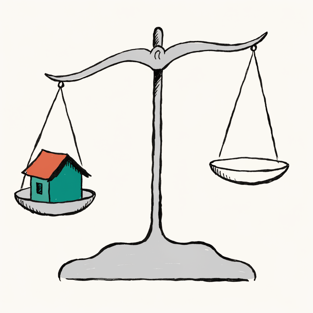 A set of balance scales, one pan holding a tiny building and the other completely empty