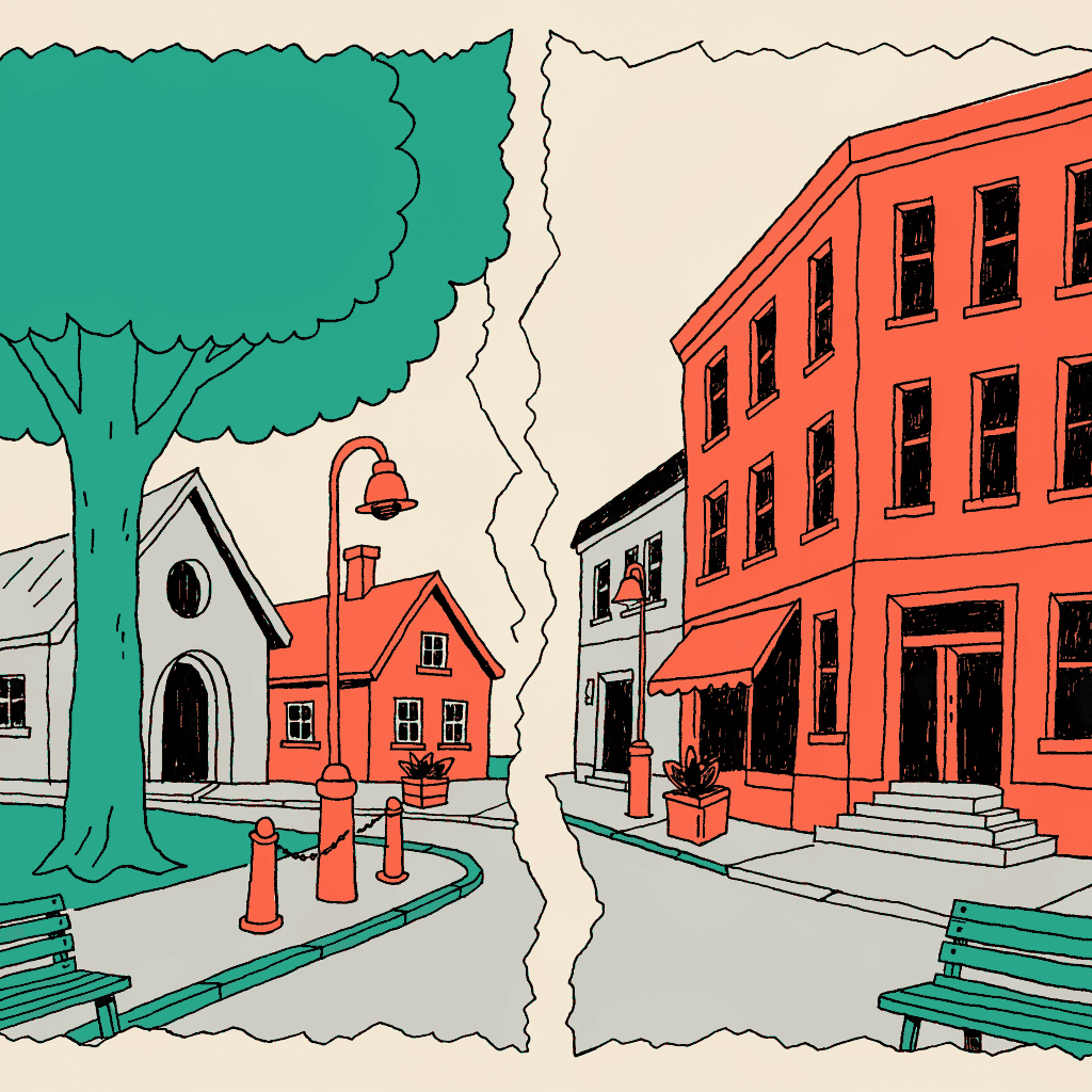 A picture postcard of a small town, torn cleanly in half