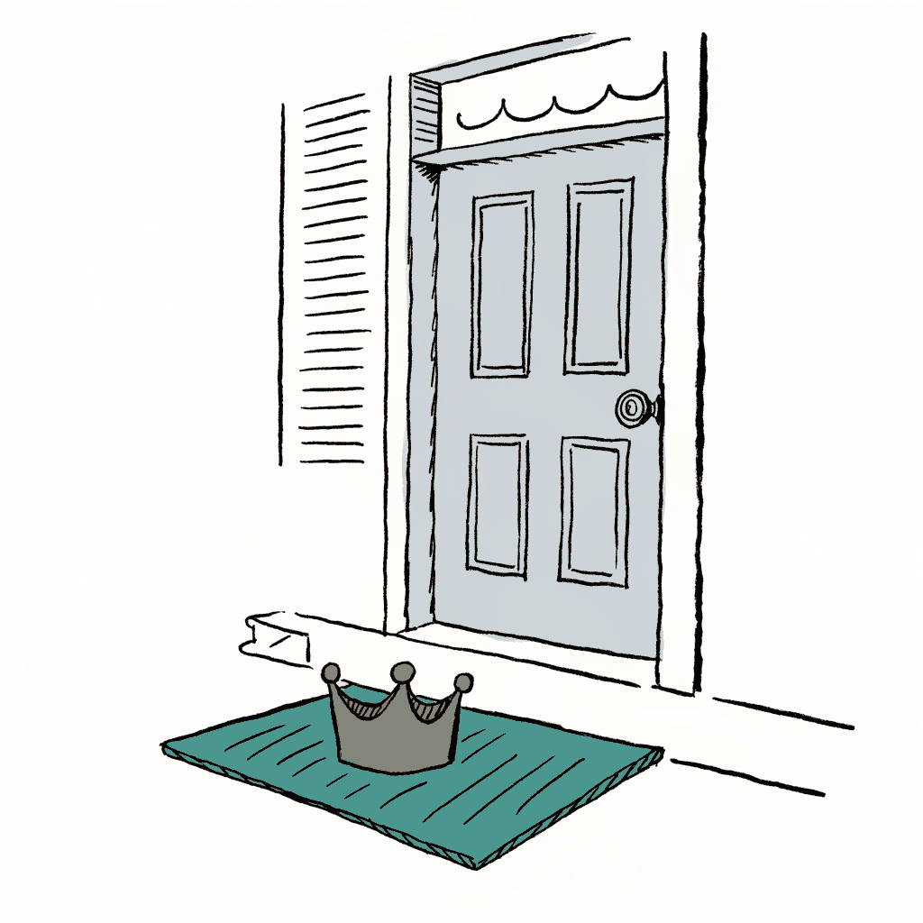 A crown sitting on a doormat outside a closed front door
