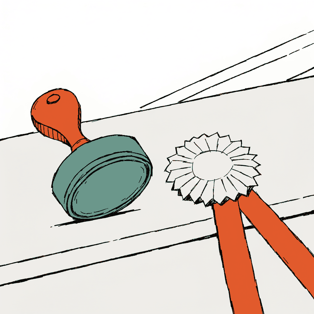 A rubber stamp and an election rosette side by side on a desk