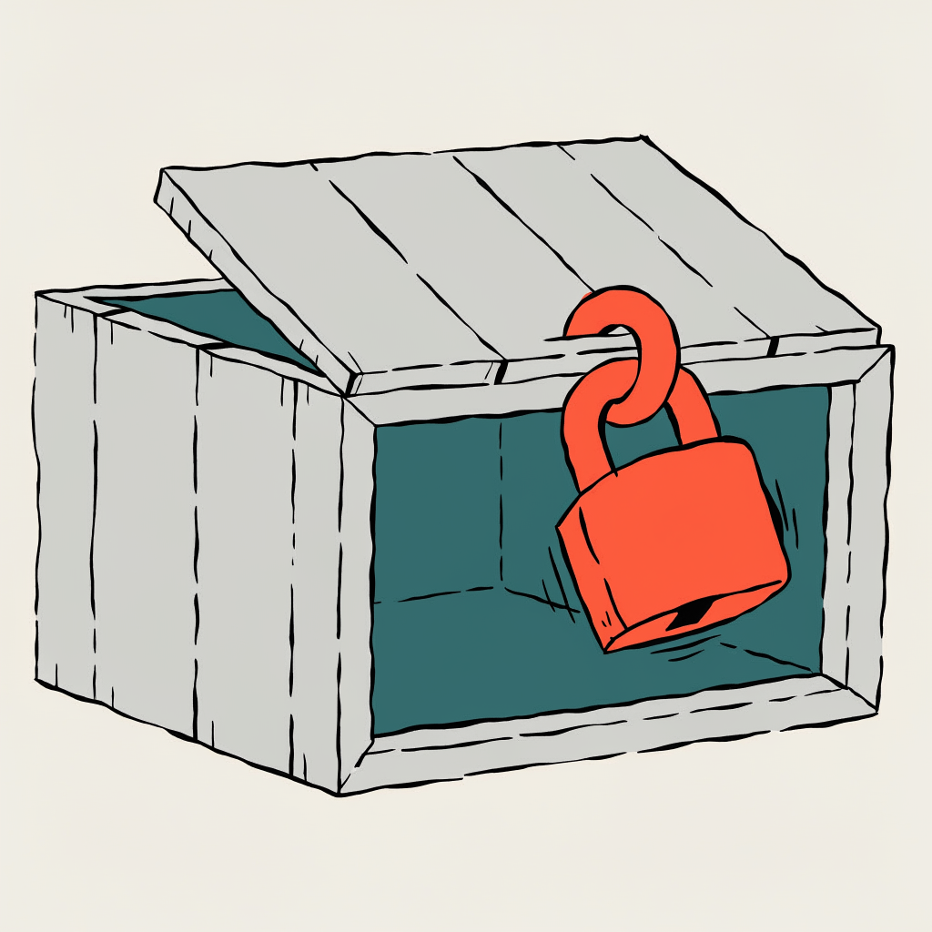 A heavy padlock hanging on the lid of an open wooden box